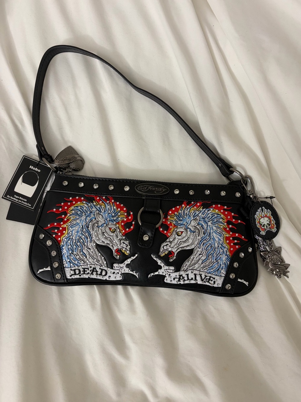 NWT Ed Hardy Dead or Alive Twin Horse Studded Y2K Shoulder Bag Black